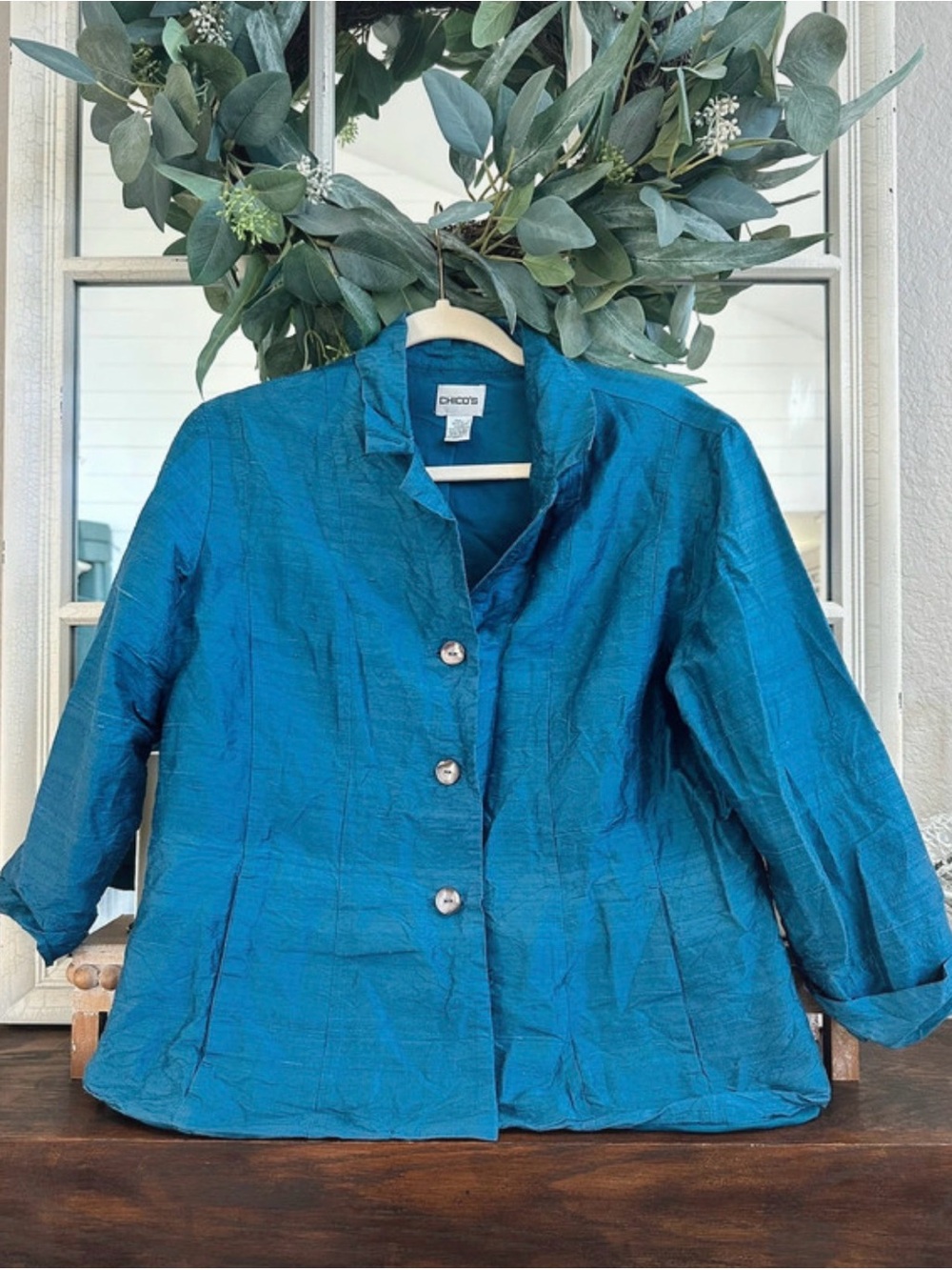Vintage Chico's 100% Silk Shimmery Teal Button-Front Jacket Blazer